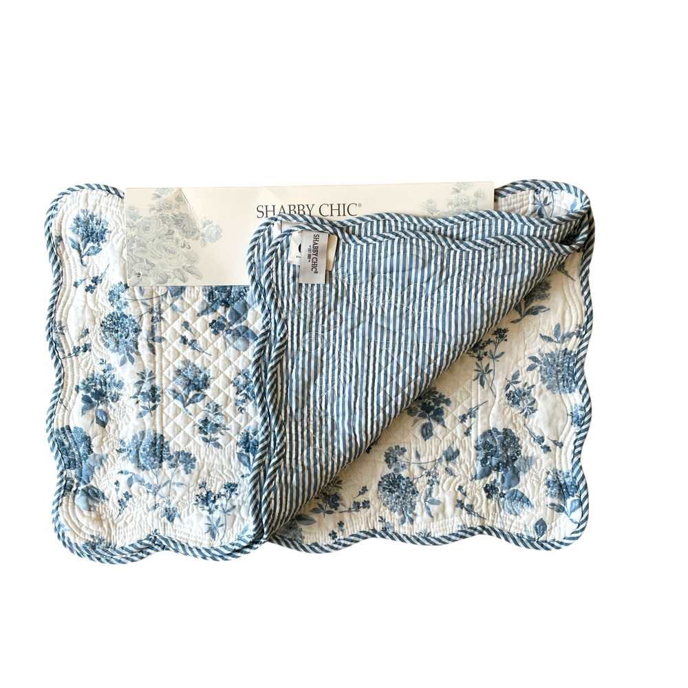 Shabby Chic Placemats Blue Hydrangea Reverse Stripes 13x19 Set of 4 Cotton NEW - Picture 2 of 15
